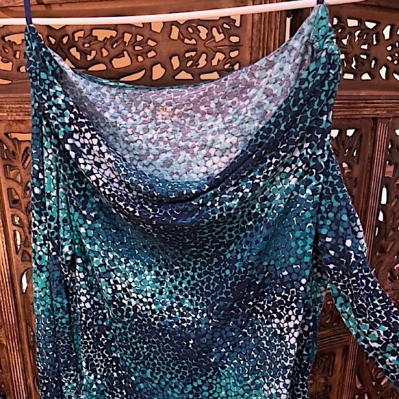 APT. 9 ESSENTIALS BLUE TURQUOISE AQUA BLUES GEOMETRIC PRINT LONG SLEEVE BLOUSE M - Picture 3 of 6